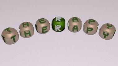 Aynanın zemininde kübik harflerle düzenlenmiş THERAPY bulmacaları, kavram anlamı ve sunum. resimleme ve bakım