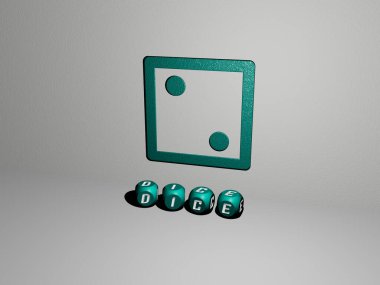 Zar grafiklerinin 3 boyutlu çizimi ve konsept ve sunumların ilgili anlamları için metalik zar harflerinin oluşturduğu metin. arka plan ve kumarhane