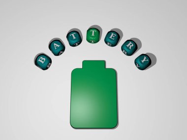 Bataryanın dikey olarak 3B grafiksel görüntüsü ve en üst perspektiften metalik kübik harflerle simge etrafında oluşturulan metin, konsept sunumu ve slayt gösterimi için mükemmel.