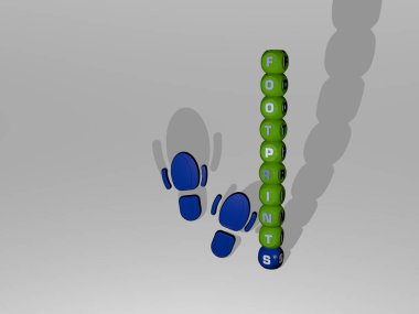 FOOTPRINTS 'in duvarında ikon olan 3D temsili ve kavram ve slayt gösterisi sunumu için ayna zemininde metalik kübik harflerle düzenlenmiş metin. arka plan ve sahil