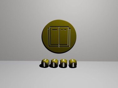 Kitap grafiklerinin 3 boyutlu çizimi ve bu kavramın ve sunumların ilgili anlamları için metalik zar harflerinin oluşturduğu metin. arkaplan ve tasarım