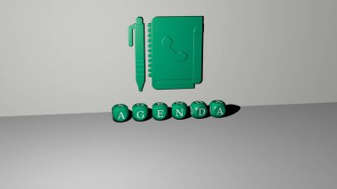 Gündemin 3 boyutlu temsili, duvarda simge ve ayna zemininde metalik kübik harflerle konsept ve slayt gösterisi sunumu için düzenlenmiş metin. takvim ve iş