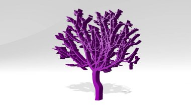 Işığın arka planında gölgesi olan parlak metalik bir heykelin 3 boyutlu çizimi ile yapılmış bir ağaç. Noel ve güzel