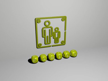 Aile grafiklerinin 3 boyutlu çizimi ve konsept ve sunumların ilgili anlamları için metalik zar harflerinin oluşturduğu metinler. çocuk ve mutlu