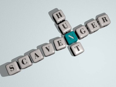 SCAVENGER HUNT bulmacaları ayna zemininde kübik harflerle düzenlenir, kavram anlamı ve sunum. akbaba ve kuş