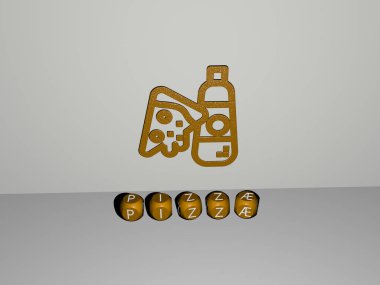 Duvarında ikon olan pizzanın 3 boyutlu temsili ve kavram ve slayt gösterisi sunumu için ayna zemininde metalik kübik harflerle düzenlenmiş metin. yemek ve peynir