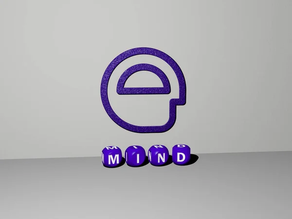 3D illustration of MIND graphics and text made by metallic dice letters for the related meanings of the concept and presentations. brain and human
