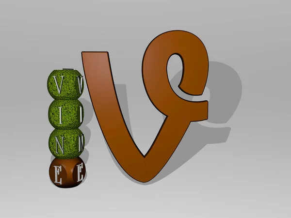 三维的Vine图形图解和文字环绕图标 用金属骰子字母表示图形的相关含义和表述 背景和绿色 — 图库照片