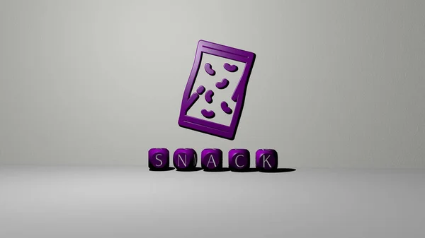 壁にアイコンが描かれたSnackの3D表現と 鏡床に金属の立方文字で配置されたテキストがコンセプト的な意味とスライドショーのプレゼンテーションを可能にします 食べ物や背景 — ストック写真