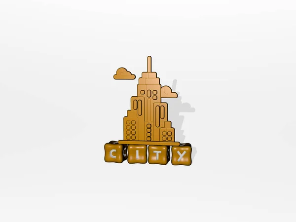 Graficzny Obraz Miasta Pionowo Wraz Tekstem Budowanym Metalicznymi Literami Sześciennymi — Zdjęcie stockowe