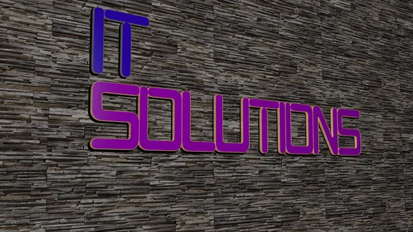 3D graphical image of it solutions vertically along with text built by metallic cubic letters from the top perspective, excellent for the concept presentation and slideshows. business and