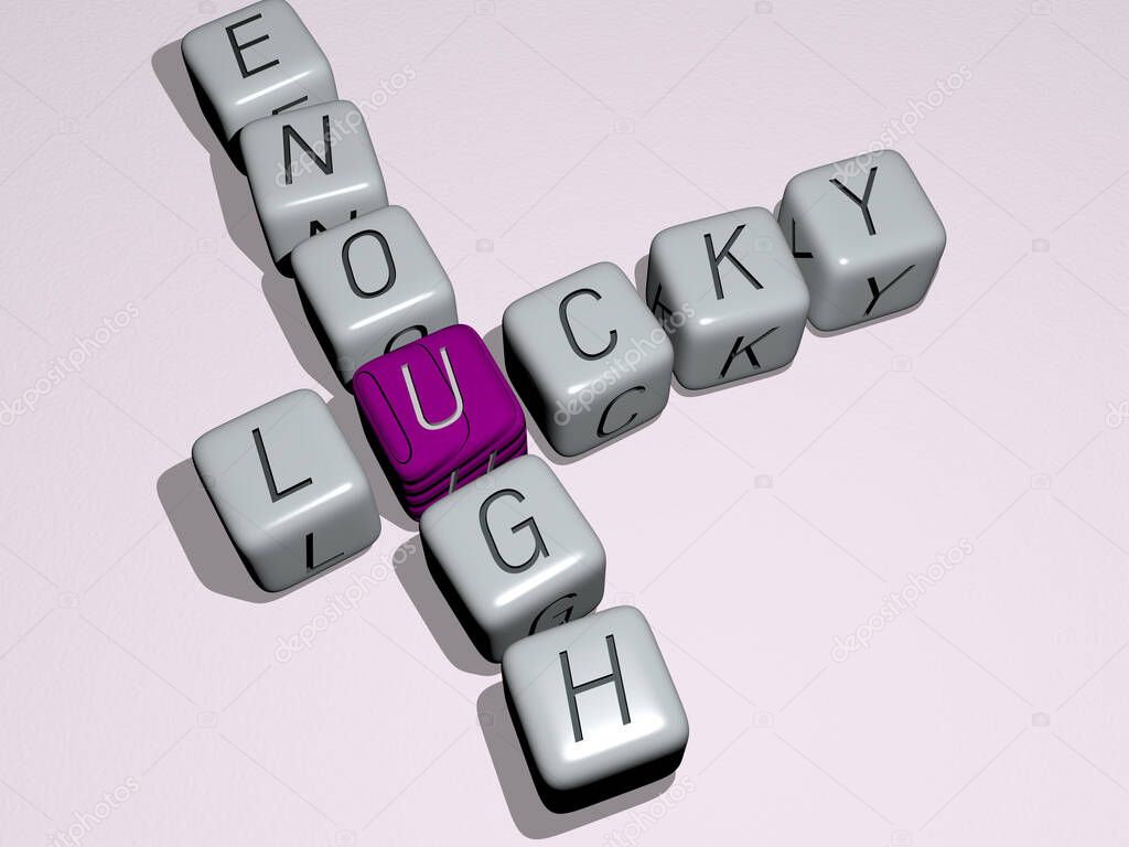 crosswords of lucky enough arranged by cubic letters on a mirror floor, concept meaning and presentation. illustration and background