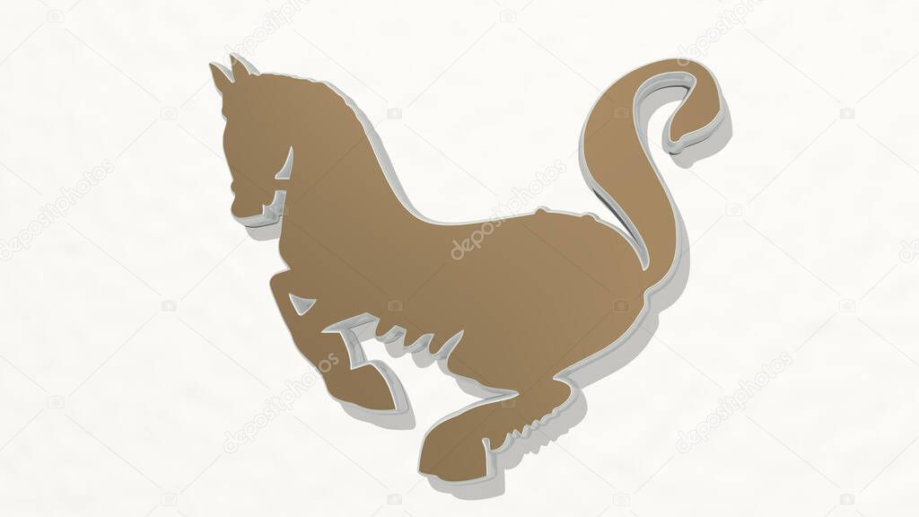 HORSE on the wall. 3D illustration of metallic sculpture over a white background with mild texture. animal and beautiful