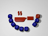 3D-s illusztrációja FRYING PAN grafika és szöveg körül az ikon által készített fém kocka betűk a kapcsolódó jelentése a koncepció és előadások. főzés és élelmiszer