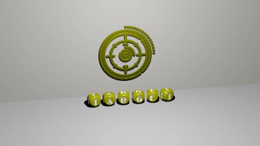 Duvarında ikon olan TARGet 'in 3 boyutlu temsili ve ayna zemininde konsept ve slayt gösterisi sunumu için metalik kübik harflerle düzenlenmiş metin. resimleme ve iş