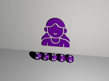 Kadın 'ın dikey olarak 3D grafiksel görüntüsü ve üst perspektiften metalik kübik harflerle oluşturulan metin, konsept sunum ve slayt gösterileri için mükemmel. güzel ve genç