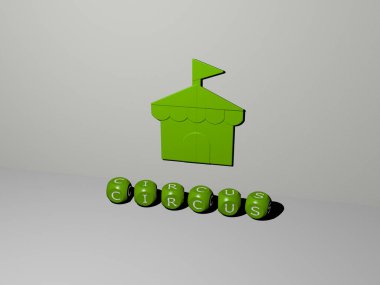 CIRCUS 'un 3 boyutlu temsili, duvarında simge ve ayna zemininde metalik kübik harflerle konsept ve slayt gösterisi sunumu için düzenlenmiş metin. Resim ve arkaplan