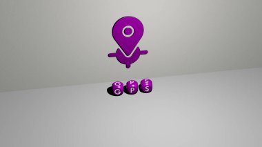 Konsept ve sunumların ilgili anlamları için metalik zar harflerinin oluşturduğu GPS grafikleri ve metinlerin 3 boyutlu çizimi. harita ve simge