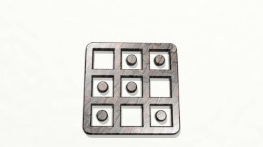 Duvarda oyun tahtası var. Metalik heykelin beyaz arka planda, yumuşak desenli üç boyutlu çizimi. ahşap ve tasarım