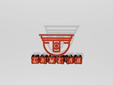 CAMERA 'nın dikey olarak 3D grafiksel görüntüsü, üst perspektiften metalik kübik harflerle oluşturulan metinlerle birlikte, konsept sunumu ve slayt gösterileri için mükemmel. arka plan ve güzel