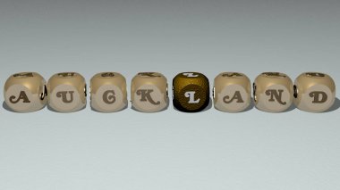 En üst perspektiften gelen kübik harflerle inşa edilmiş Auckland kombinasyonu, konsept sunumu için mükemmel. Zelanda ve şehir