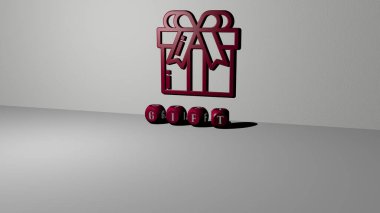 GIFT 'nin duvarında simge ve ayna zemininde metalik kübik harflerle konsept ve slayt gösterisi sunumu için düzenlenmiş üç boyutlu temsili. arkaplan ve resimleme