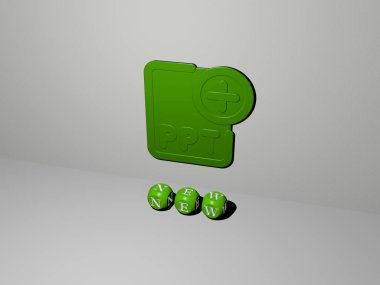 NEW 'nin duvarında simge ve ayna zemininde metalik kübik harflerle konsept ve slayt gösterisi sunumu için düzenlenmiş 3B temsili