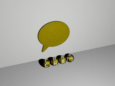 Sohbet grafiklerinin 3 boyutlu çizimi ve konsept ve sunumların ilgili anlamları için metalik zar harflerinin oluşturduğu metin. simge ve iletişim