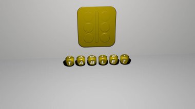 Tabletin dikey olarak 3B grafiksel görüntüsü ve üst perspektiften metalik kübik harflerle oluşturulan metinler, konsept sunumu ve slayt gösterileri için mükemmel. bilgisayar ve dijital