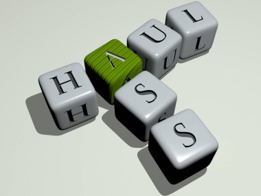 crosswords of HAUL ASS arranged by cubic letters on a mirror floor, concept meaning and presentation. truck and cargo