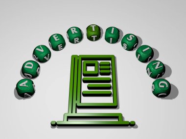 Reklamcılığın 3B grafik görüntüsü, simge etrafında metalik kübik harflerle en üst perspektiften inşa edilmiş metinlerle birlikte, konsept sunumu ve slayt gösterimi için mükemmel.