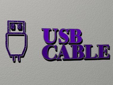 USB Kablo 'nun 3 boyutlu temsili, duvarında simge ve ayna zemininde metalik kübik harflerle konsept ve slayt gösterisi sunumu için düzenlenmiş metin. Resim ve arkaplan