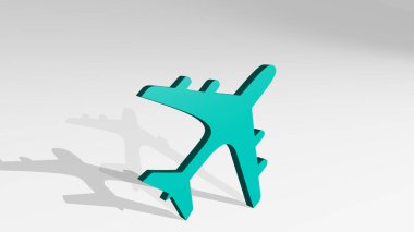 AEROPLANE, parlak arkaplanlı bir duvarda parlayan metalik bir heykelin 3 boyutlu çizimi ile yapıldı. uçak ve uçak