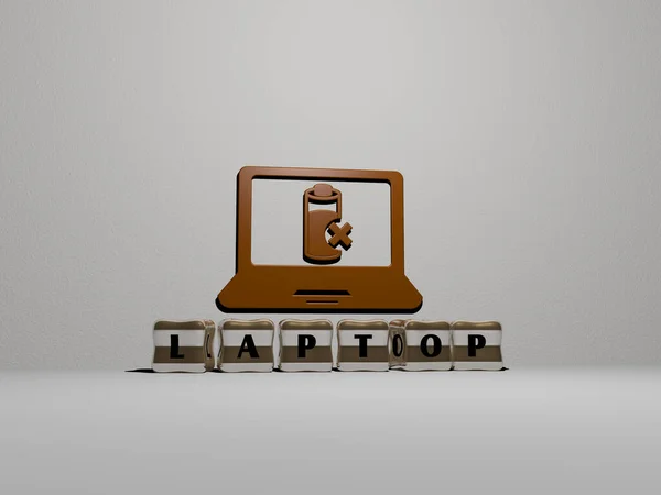 Graficzny Obraz Laptop Pionowo Wraz Tekstem Zbudowanym Metalicznymi Literami Sześciennymi — Zdjęcie stockowe