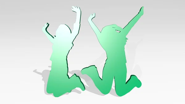 Happy Lányok Jumping Által Készített Illusztráció Egy Fényes Fémes Szobor — Stock Fotó