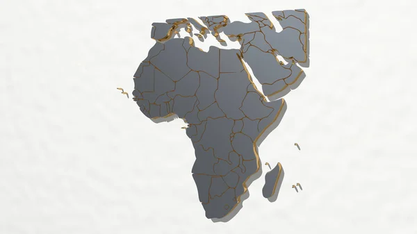 アフリカの地図を壁の観点から 3Dレンダリングの金属材料で作られた厚い彫刻 イラストと背景 — ストック写真