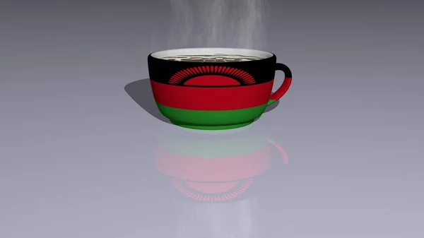 現実的な視点と床に映し出された影を持つホットコーヒーのカップに置かれたMalawiの3Dイラスト — ストック写真