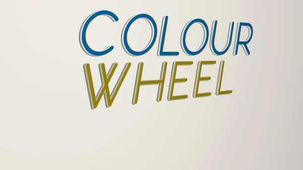 三维图形图像的彩色车轮垂直与文字与金属立方字母从顶部的角度 优秀的概念演示和滑行 背景和色彩 — 图库照片