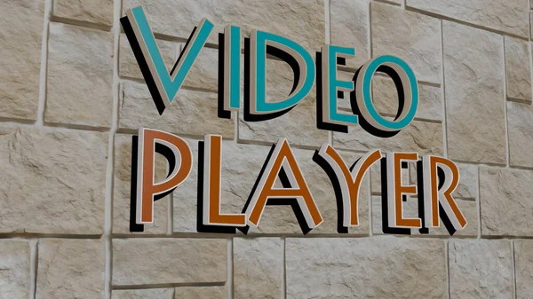 3D representation of VIDEO PLAYER with icon on the wall and text arranged by metallic cubic letters on a mirror floor for concept meaning and slideshow presentation. illustration and background