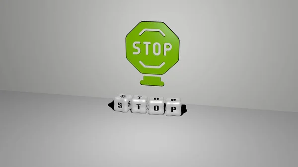 Подання Stop Піктограмою Стіні Текстом Розташованою Металевими Кубічними Літерами Дзеркальній — стокове фото