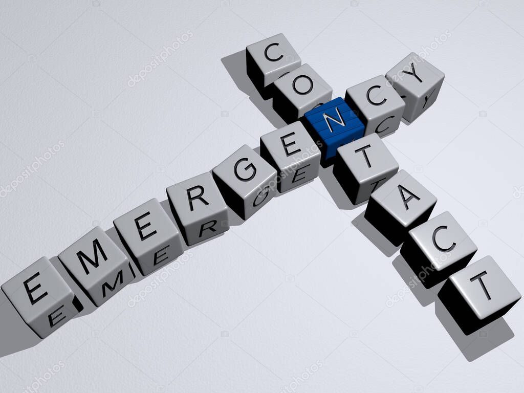 crosswords of EMERGENCY CONTACT arranged by cubic letters on a mirror floor, concept meaning and presentation. illustration and care