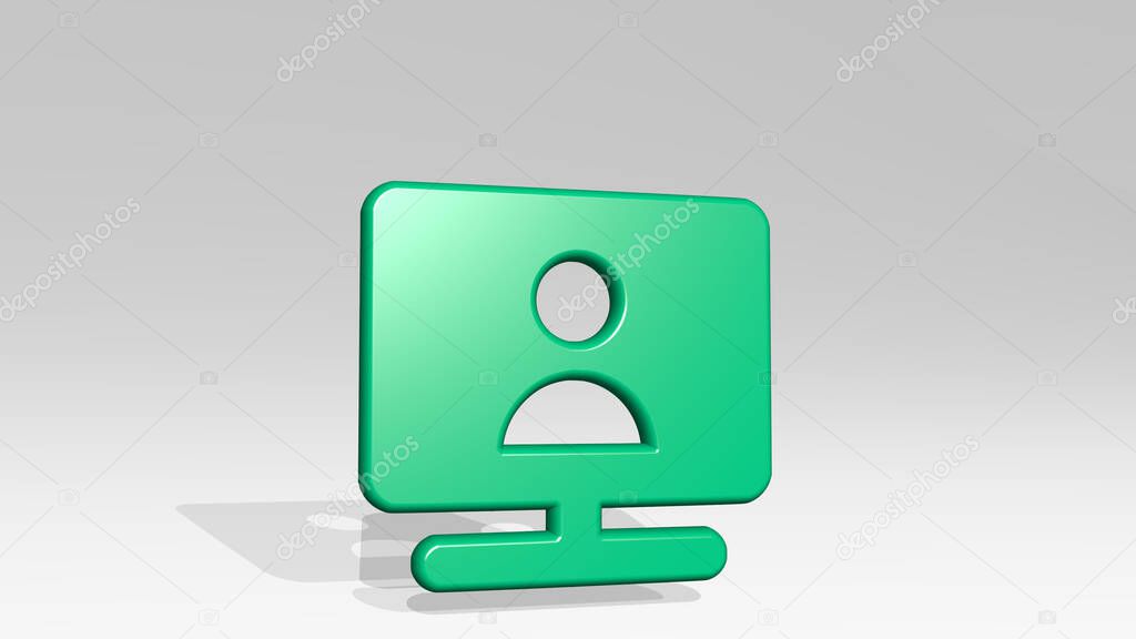 single neutral monitor made by 3D illustration of a shiny metallic sculpture with the shadow on light background. icon and isolated