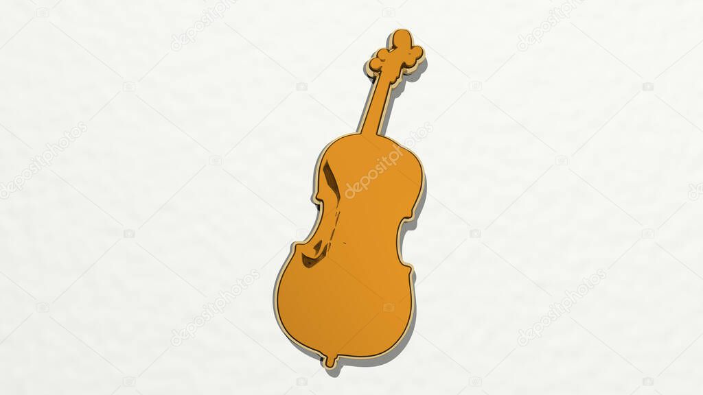 violin on the wall. 3D illustration of metallic sculpture over a white background with mild texture. music and classical
