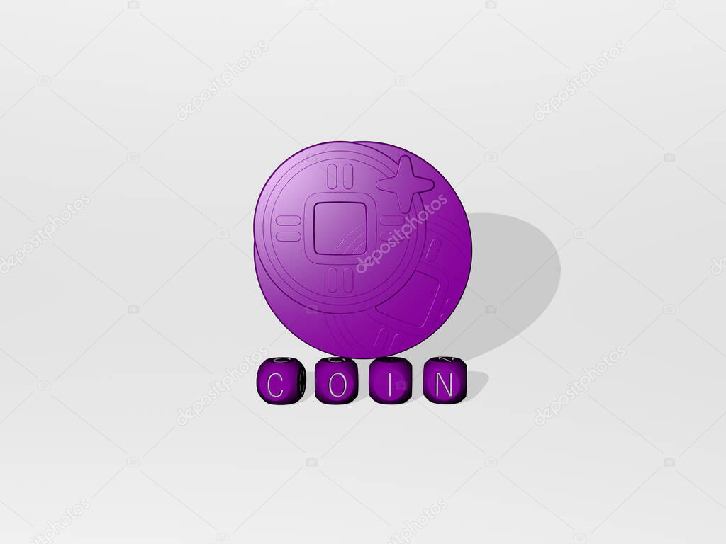 3D representation of coin with icon on the wall and text arranged by metallic cubic letters on a mirror floor for concept meaning and slideshow presentation. illustration and business