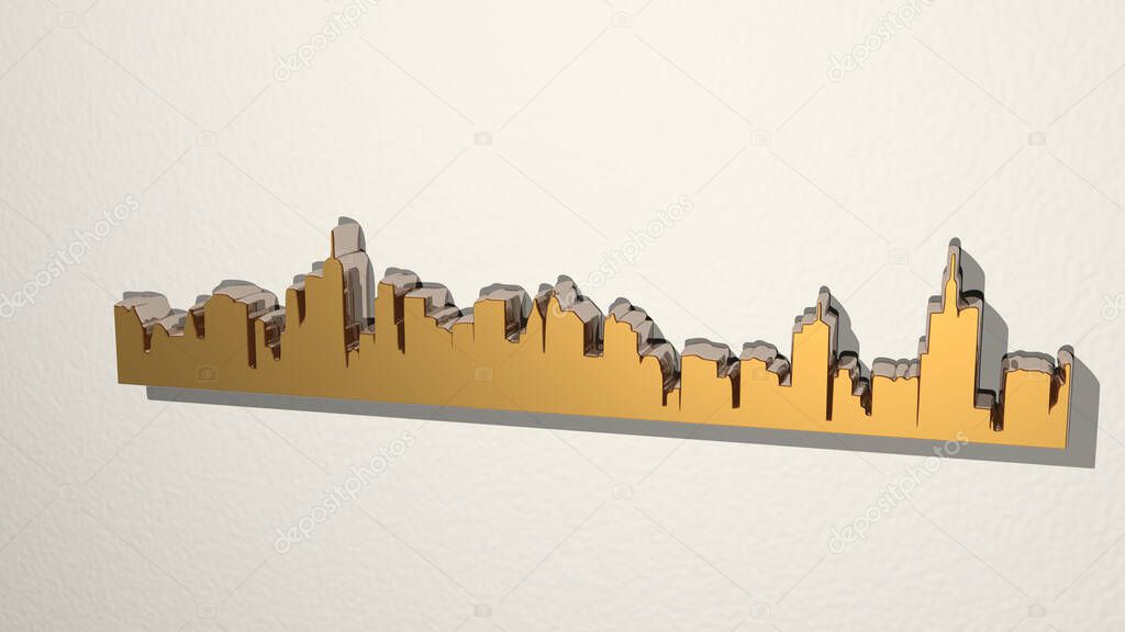 city landscape made by 3D illustration of a shiny metallic sculpture on a wall with light background. architecture and building
