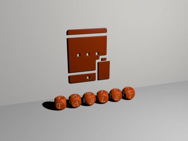 Duvarında simge ve ayna zemininde metalik kübik harflerle konsept ve slayt gösterisi sunumu için düzenlenmiş üç boyutlu TABlet sunumu. bilgisayar ve dijital