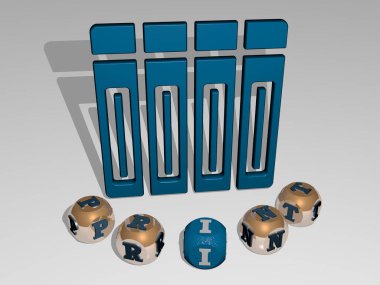 Duvarında ikon olan PRINT 'in 3 boyutlu temsili ve kavram ve slayt gösterisi sunumu için ayna zemininde metalik kübik harflerle düzenlenmiş metin. Resim ve arkaplan