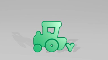 Ziraat makinesi traktörü, ışık arka planında gölgesi olan parlak metalik bir heykelin 3 boyutlu çizimi ile yapıldı. çiftlik ve arazi