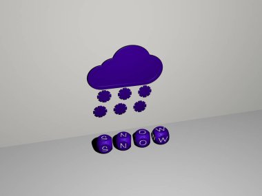 Konsept ve sunumların ilgili anlamları için metalik zar harfleri tarafından yapılan Snow grafikleri ve metinlerinin 3 boyutlu çizimi. kış ve arkaplan