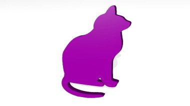 Gölgeli bir perspektiften kedi. Üç boyutlu metalik malzemelerden yapılmış kalın bir heykel. hayvan ve resimleme